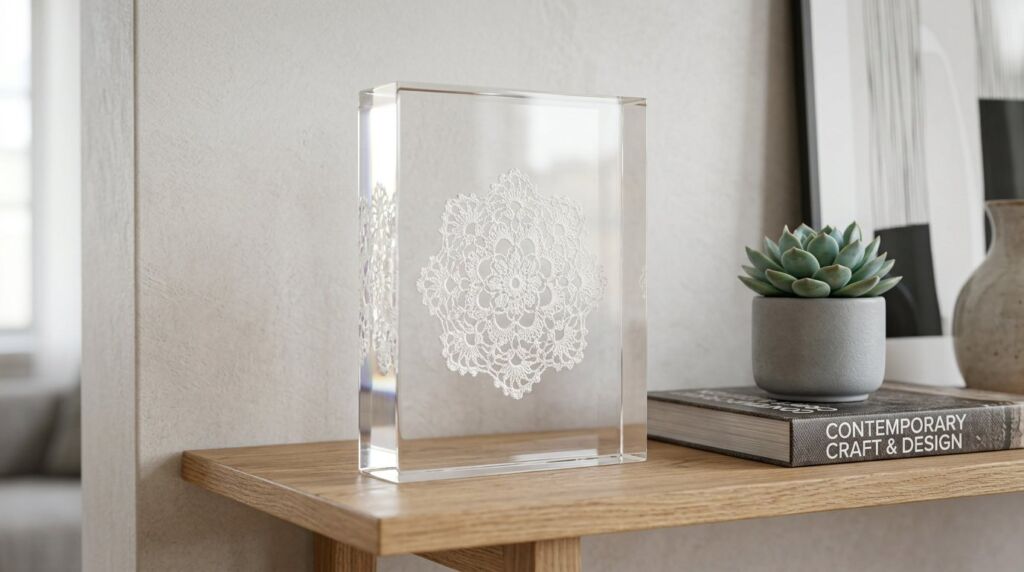 A clear, professional acrylic block desk accessory featuring a modern 2026 design layout.