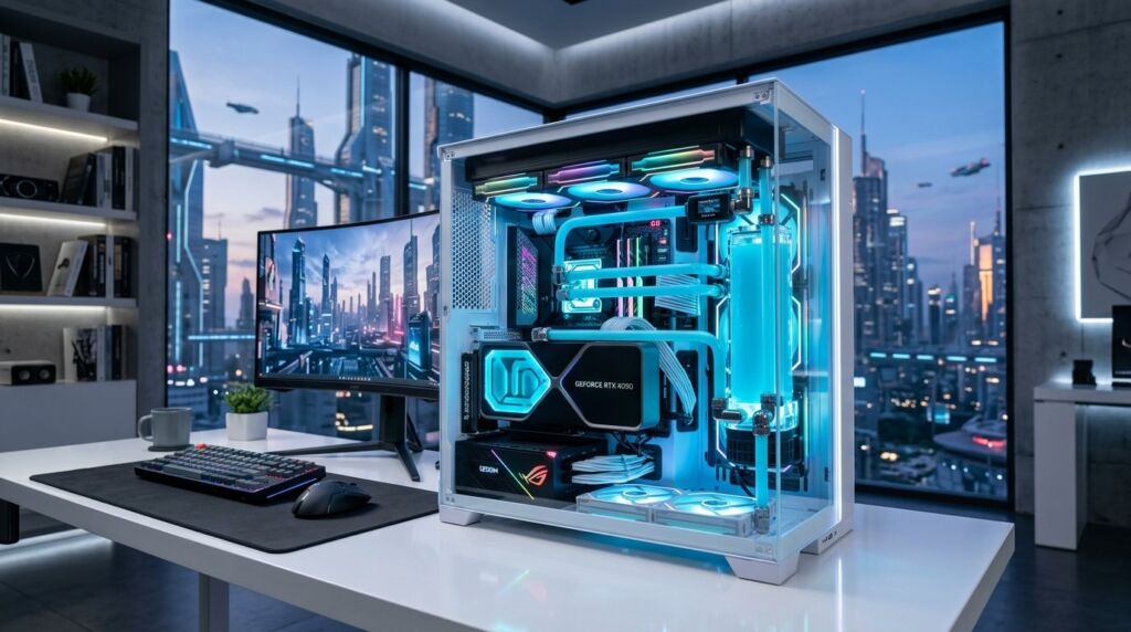 A powerful custom gaming PC featuring a sleek transparent side panel showing internal components.
