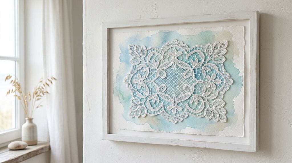 A close up view of an intricate white lace doily featuring a floral pattern on a neutral background.