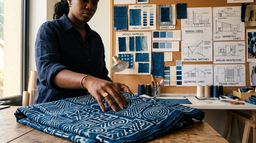 Close-up of a designer's hand touching the intricate patterns of a traditional blue adire fabric.