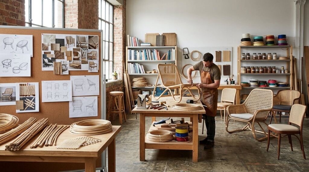 Wide view of a modern designer studio filled with creative tools and various materials.