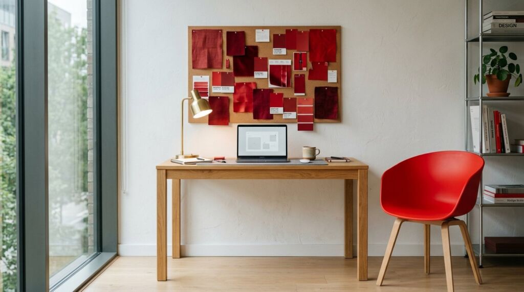 Contemporary designer office space featuring a minimalist desk and a vibrant red chair.