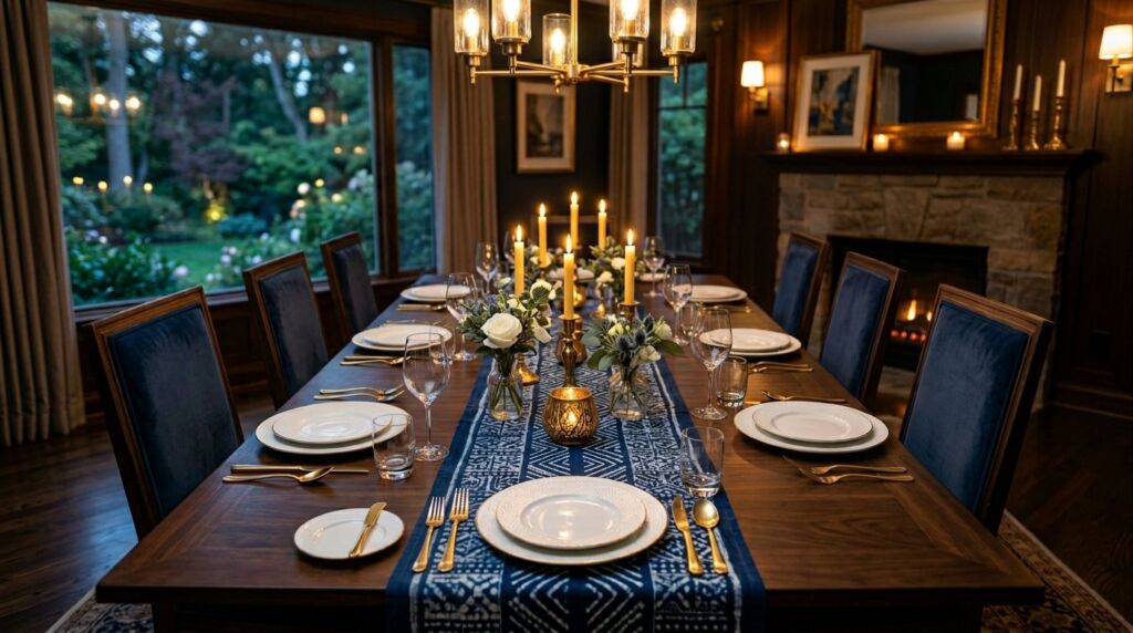 A beautifully set dining room table featuring a long fabric runner and matching ceramic plates.