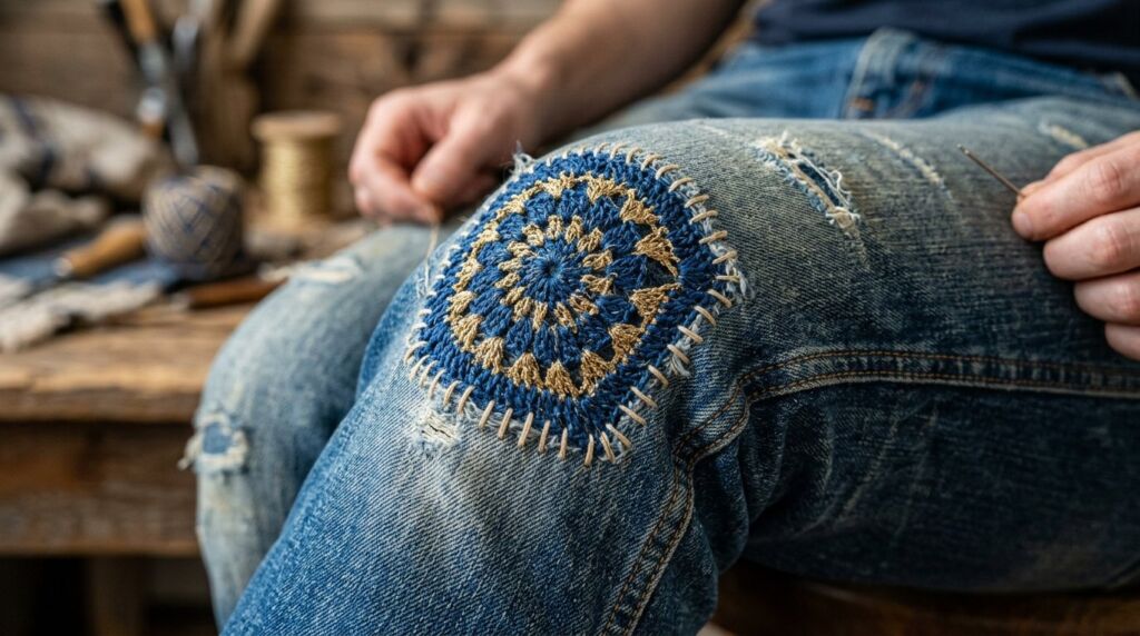 Close-up of the textured fabric on a pair of distressed worn blue jeans.