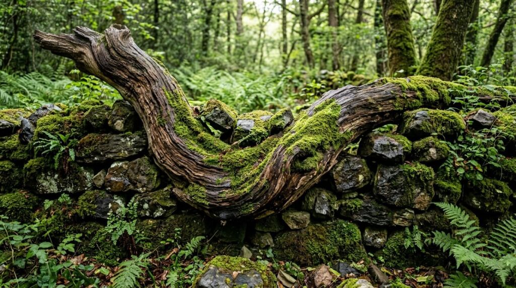 A piece of natural driftwood integrated into a modern interior design setting.