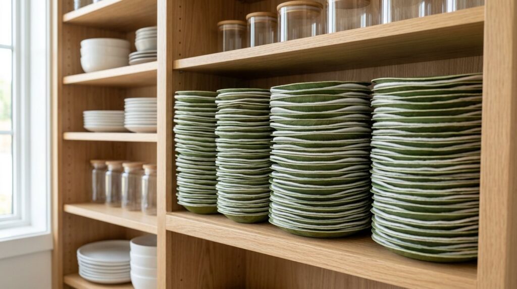 Close up view of artisanal biodegradable green leaf plates for sustainable dining.
