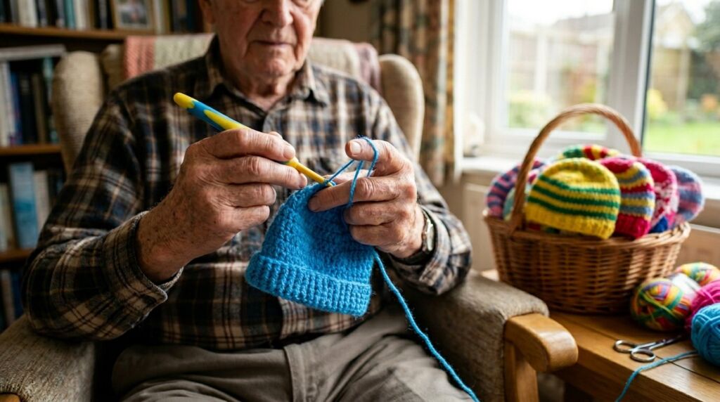 An elderly man focused on his work while sitting at a cluttered wooden desk in a home office.