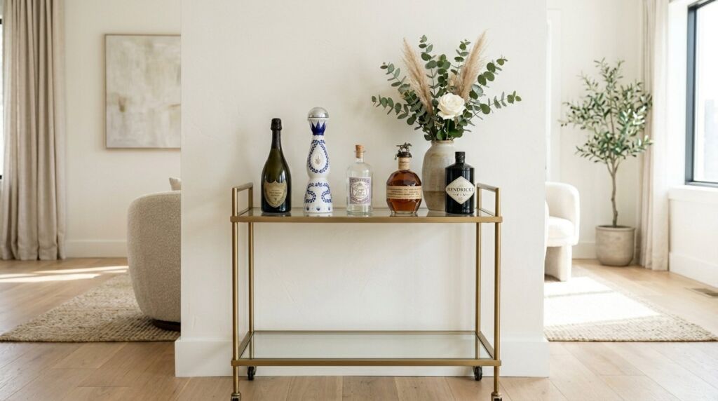 A stylish gold bar cart decorated with glass liquor bottles and a fresh floral arrangement in a bright living room.