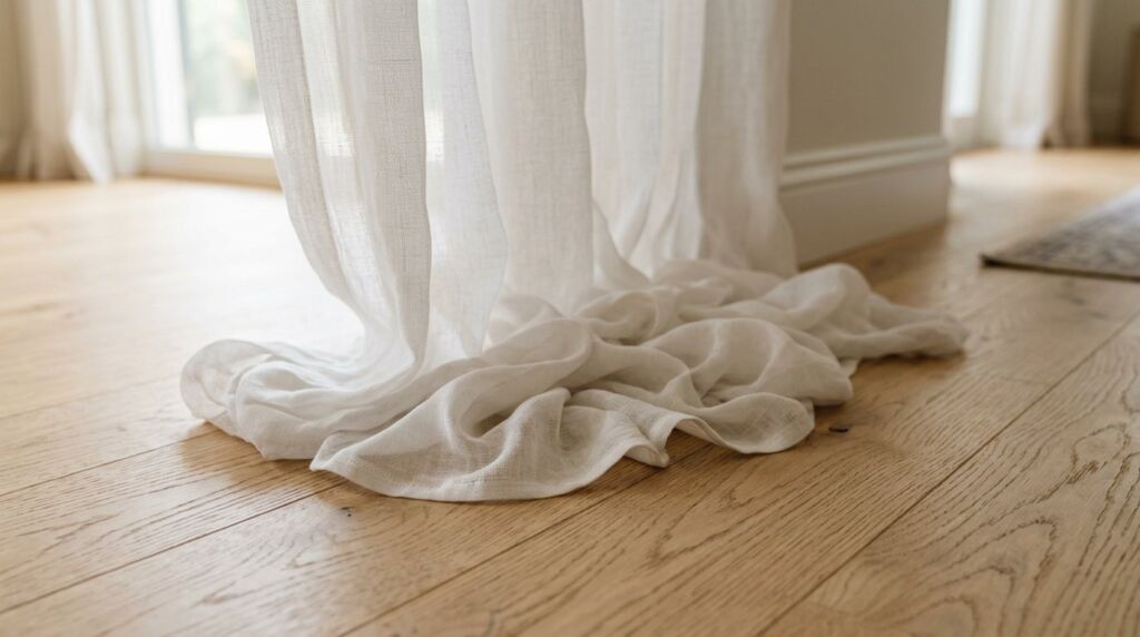 Elegant floor-length fabric curtains pooling gracefully on a polished hardwood floor in a bright room.
