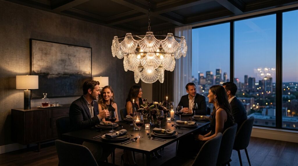 A beautiful, well-lit dining room interior featuring a large, elegant crystal chandelier hanging over a wooden table.
