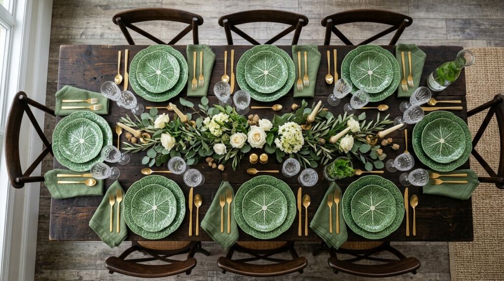 A beautifully arranged dinner table setting with fine tableware and elegant glassware.