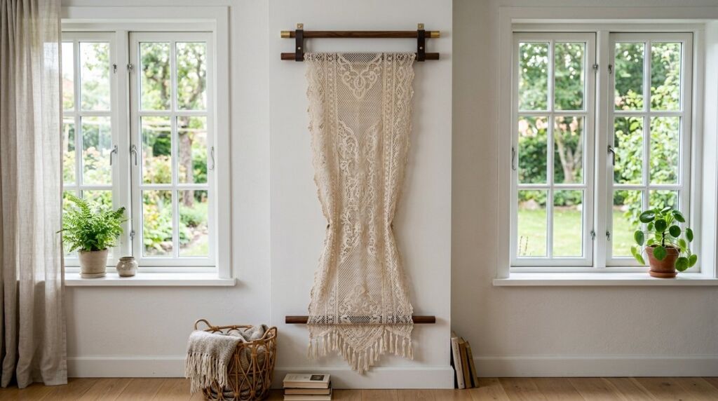 A beautiful delicate white lace runner hanging vertically against a neutral background.
