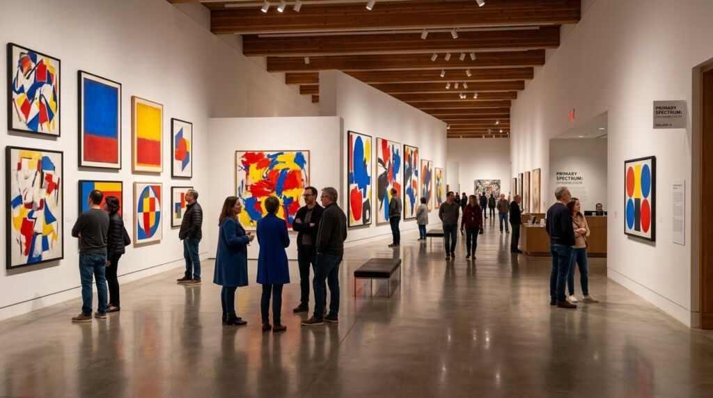 Wide-angle view of a finished modern art gallery exhibit with curated pieces and professional lighting.