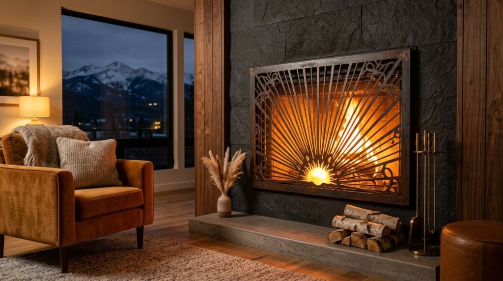 Close-up of a modern fireplace hearth protected by an intricate metal fire screen.