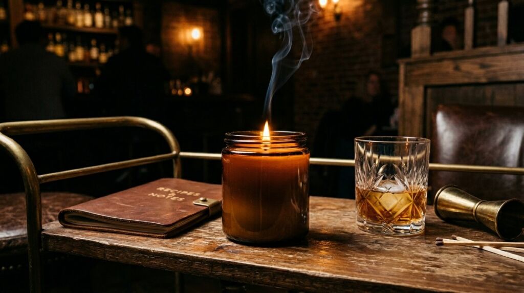 A close-up of a single candle flame flickering within a decorative glass jar against a dark background.