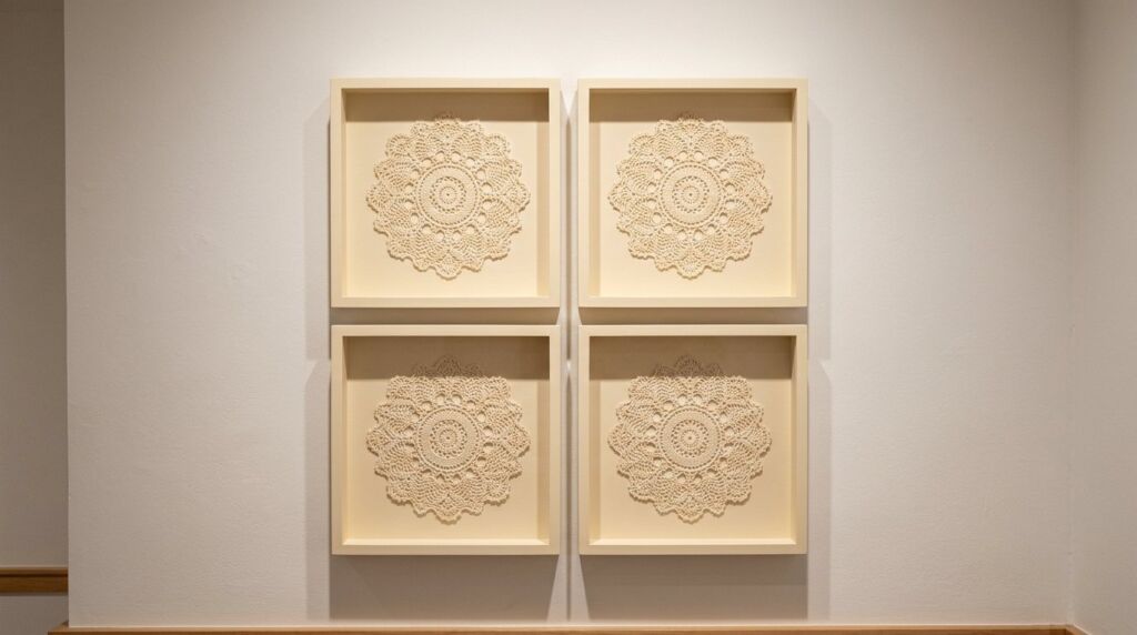 A set of four square wooden shadow boxes arranged symmetrically on a wall for artistic home decor.