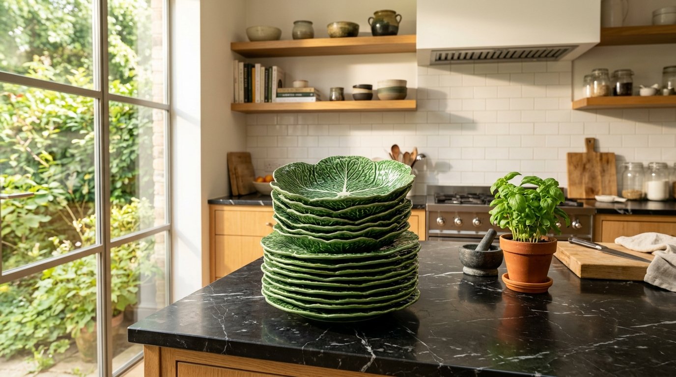 A head of fresh green cabbage sitting on a clean wooden kitchen countertop.