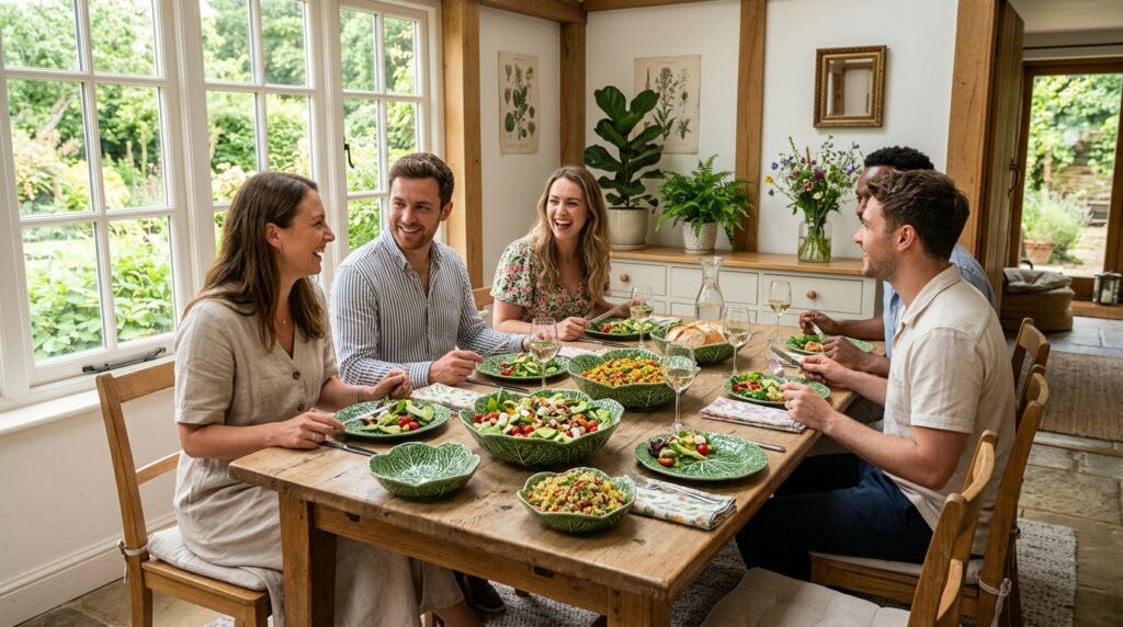 A diverse group of friends sharing a delicious meal and laughing around a dinner table.