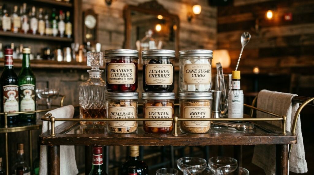 Several glass jars filled with vibrant maraschino cocktail cherries on a wooden table.