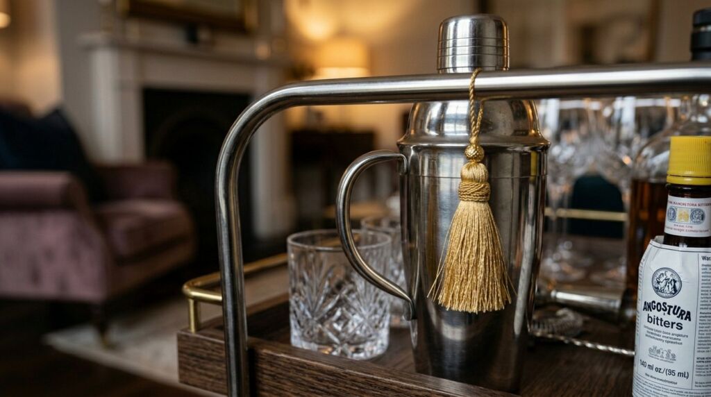 A decorative gold silk tassel draped over the corner of a classic wooden Shaker style piece.