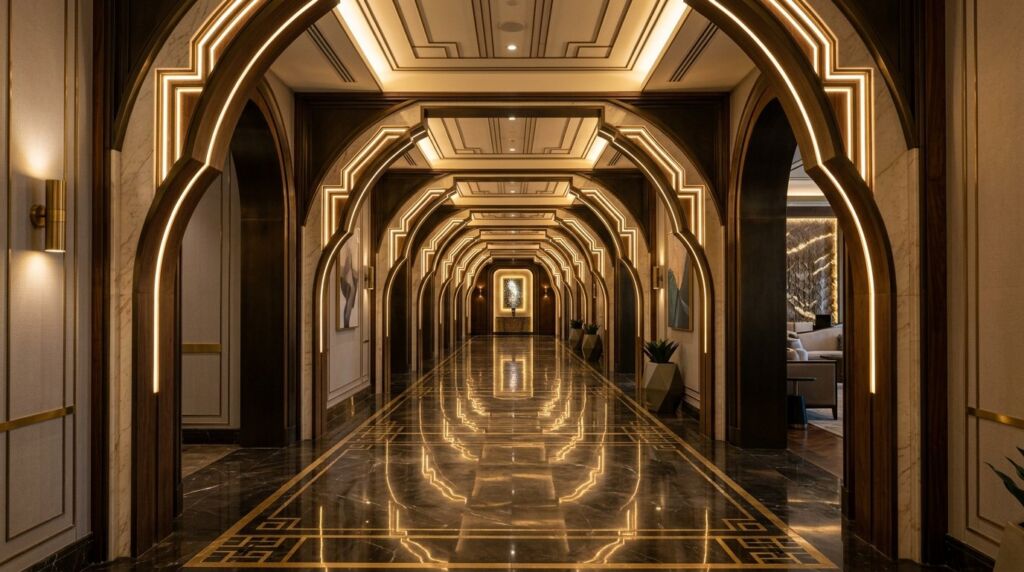 A sophisticated hallway design featuring architectural neo deco arches and clean modern lines.