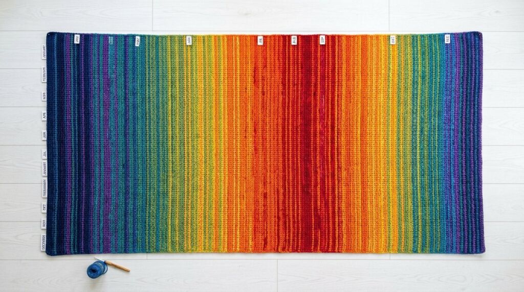 A close-up shot of a colorful hand-knit temperature blanket showing stripes for mid-March weather data.