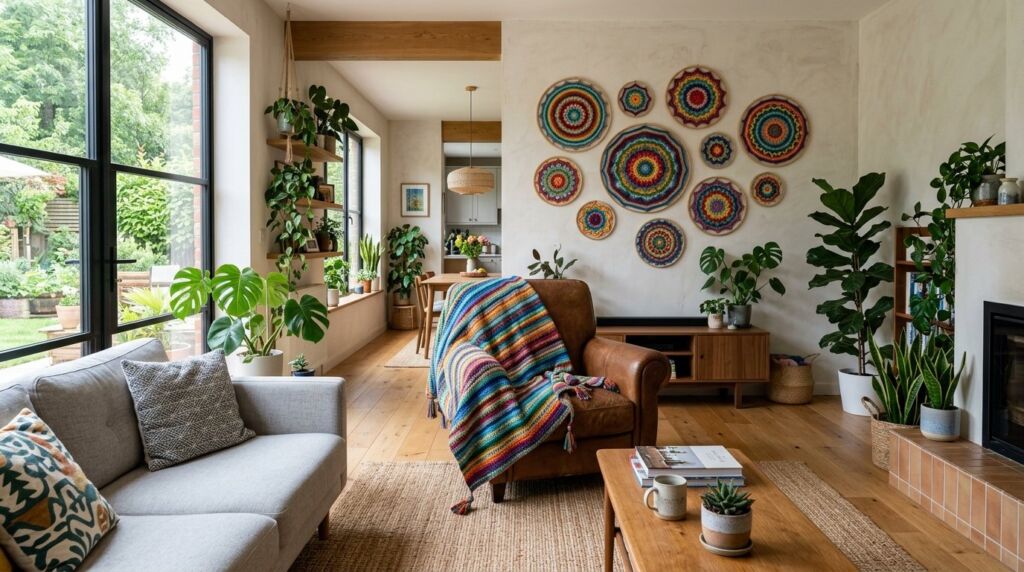 A soft handmade crochet blanket draped neatly over a piece of furniture.