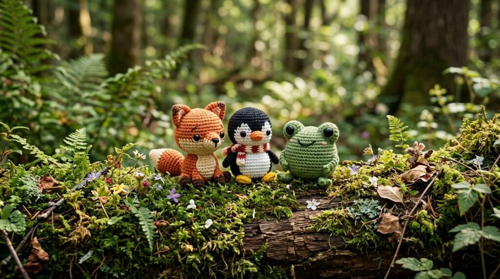 A variety of colorful crocheted amigurumi animal toys arranged neatly on a wooden surface.