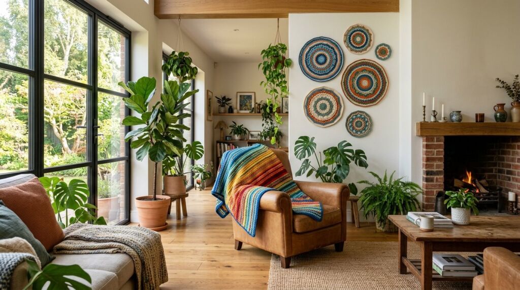 A soft handmade crochet blanket draped neatly over a comfortable bed in a bright room.