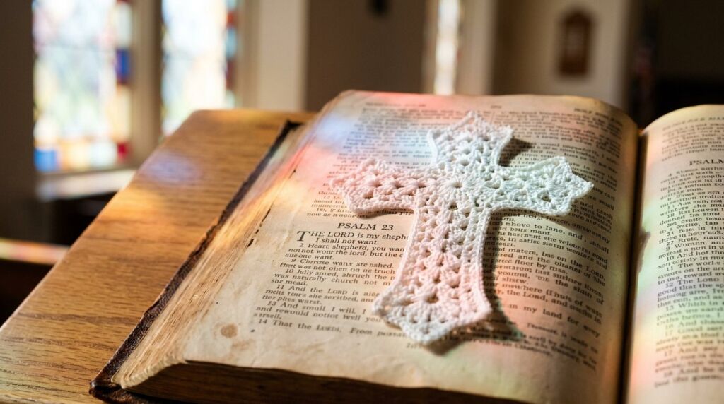 A detailed close-up shot of a delicate handmade crochet cross with intricate thread work.