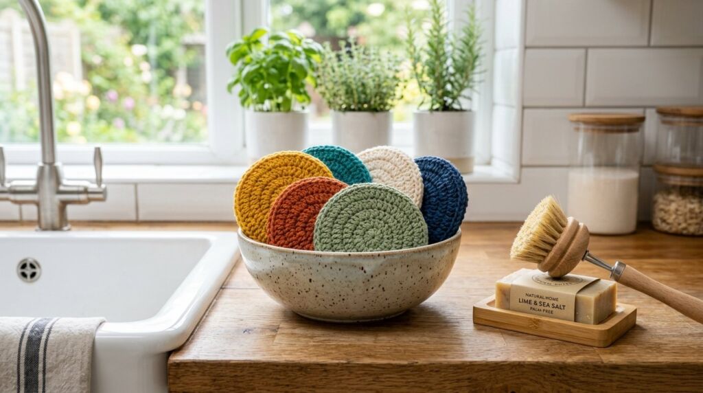 A set of colorful handmade crochet dish scrubbies resting on a clean wooden kitchen counter.