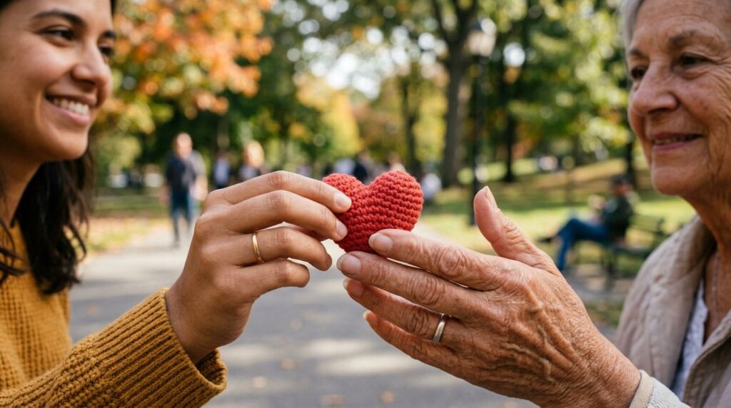 A close-up shot of a delicate handmade crochet heart resting on a soft textured surface.