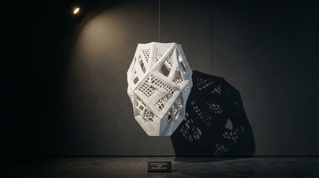 An intricate handmade fiber art sculpture hanging from a ceiling, crafted with detailed crochet techniques.