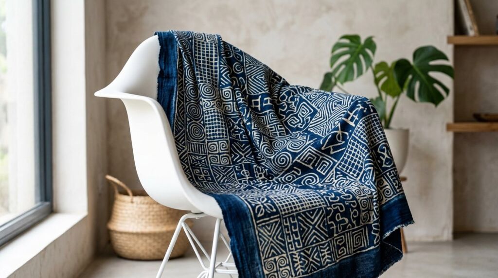 Handpainted blue and white Adire cloth draped over a rustic wooden chair.