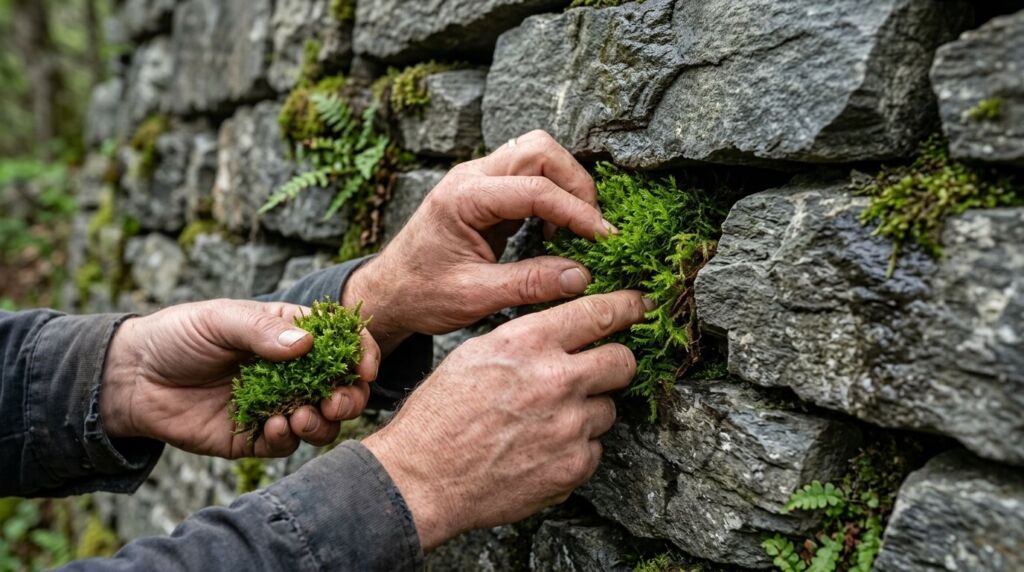 Close-up shot of person hands arranging lush green moss inside a glass terrarium project