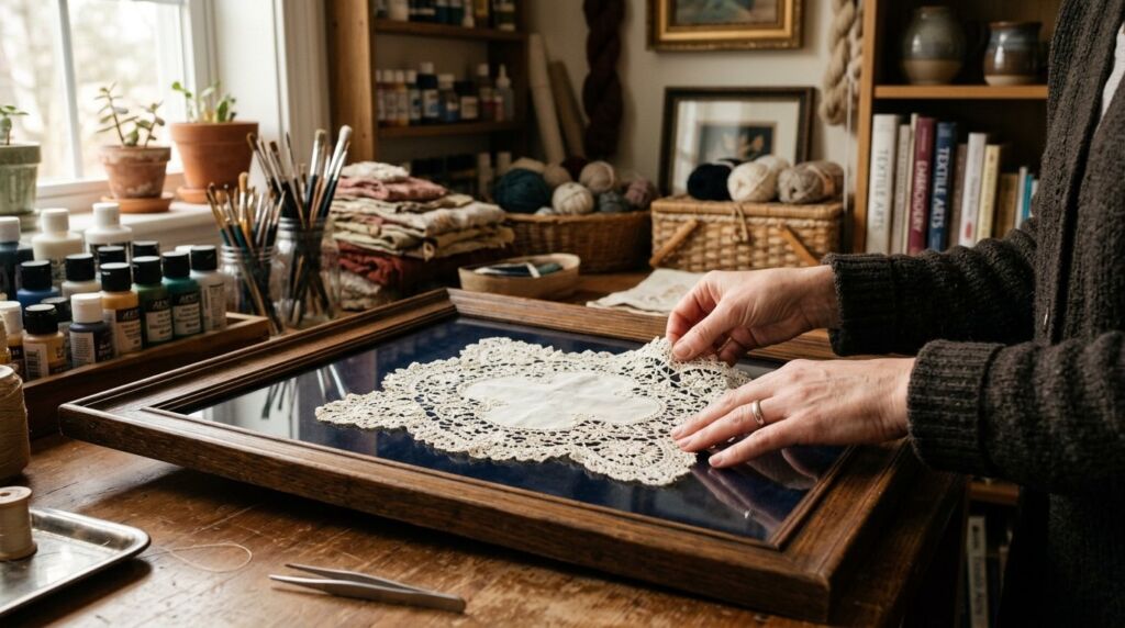 Close-up of human hands gently arranging a handmade vintage lace doily on a rustic wooden table.