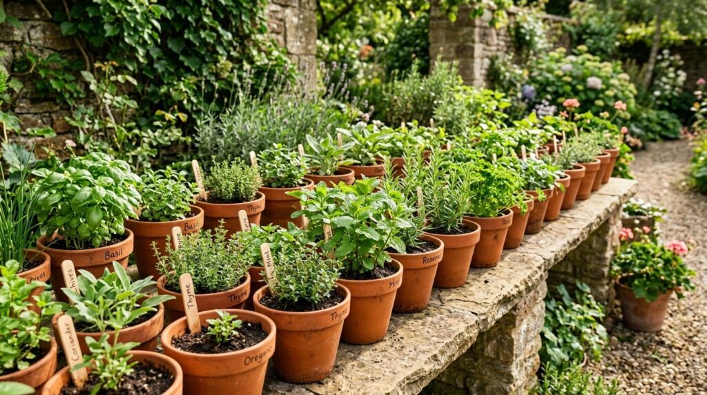 Various potted herbs including basil and mint arranged on a marble kitchen counter.