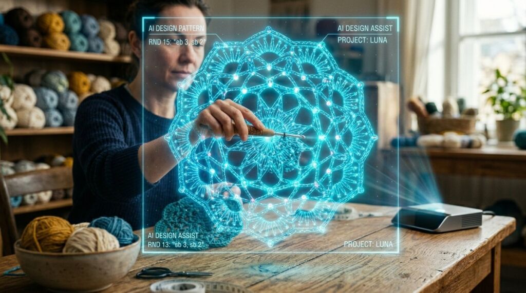 Close up of a unique textile pattern featuring a shimmering hologram crochet design on a textured fabric surface.