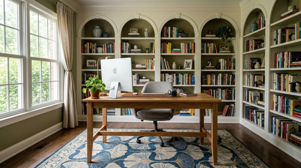 A tidy modern desk workspace with large wooden bookshelves in a bright home office.
