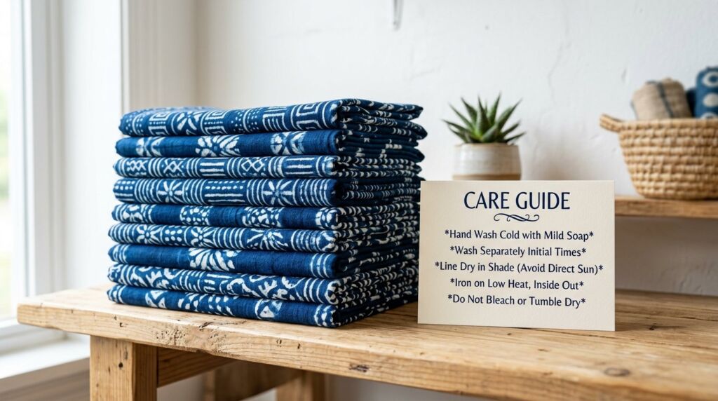 Close-up of hand-dyed indigo adire fabric with intricate white patterns.