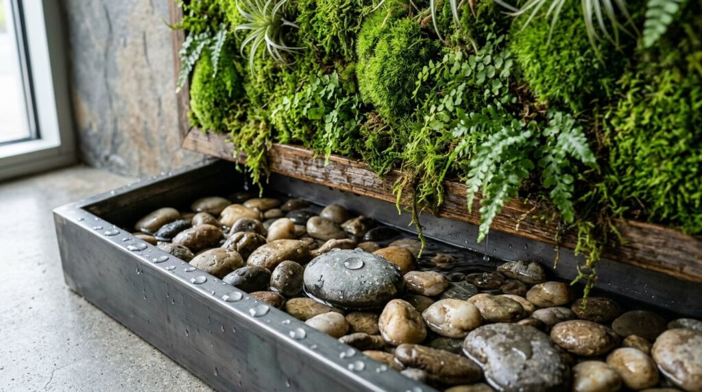 Close up of an efficient drainage system installed behind a lush green indoor moss wall.