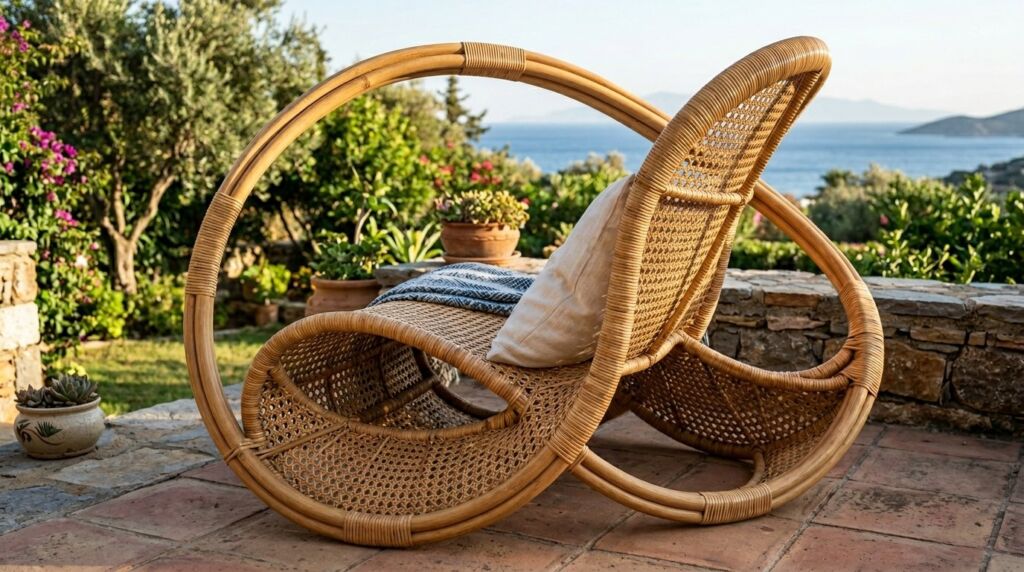 A designer infinity loop rattan chair featuring a continuous weave in a minimalist setting.