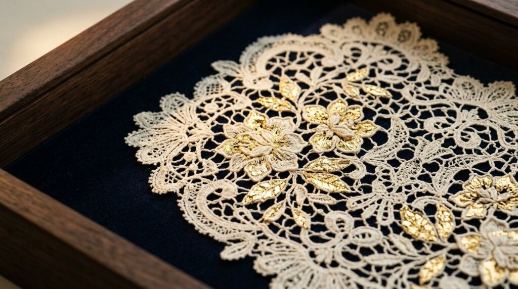 Close up of an intricate white handmade lace doily pattern on a wooden surface.