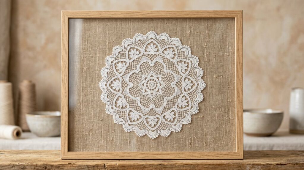 A detailed close-up shot of a delicate handmade white lace doily with floral patterns on a dark surface.