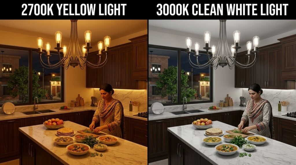 Side-by-side comparison of a modern kitchen lit by a candelabra with 2700K yellow light vs 3000K clean white light.