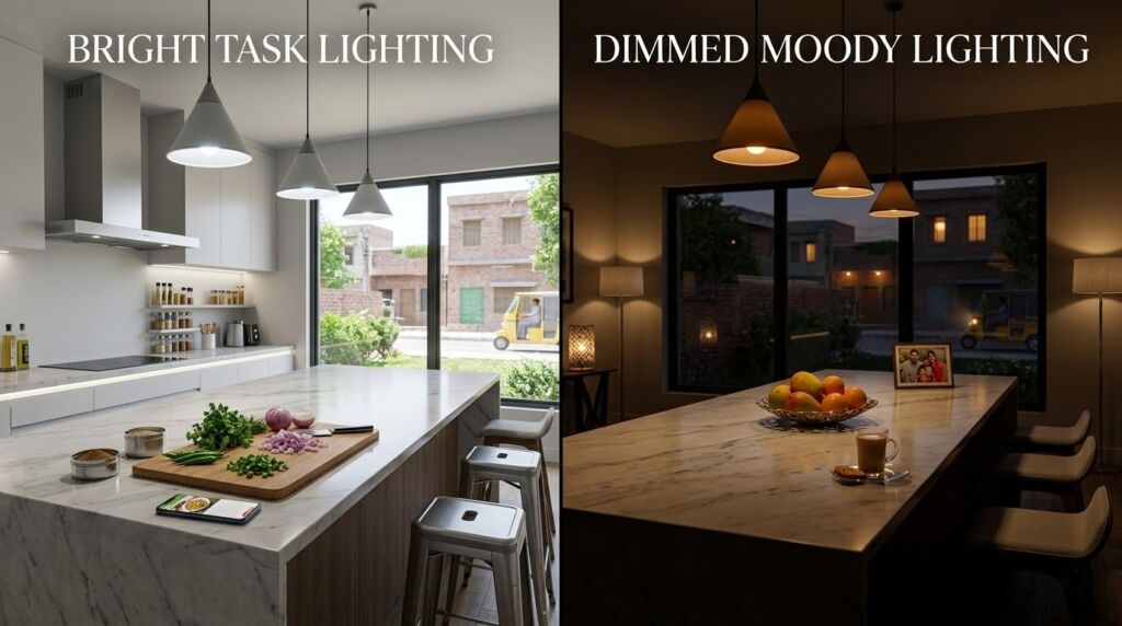 Split view showing a modern kitchen with bright task lighting during the day and dimmed moody lighting at night.