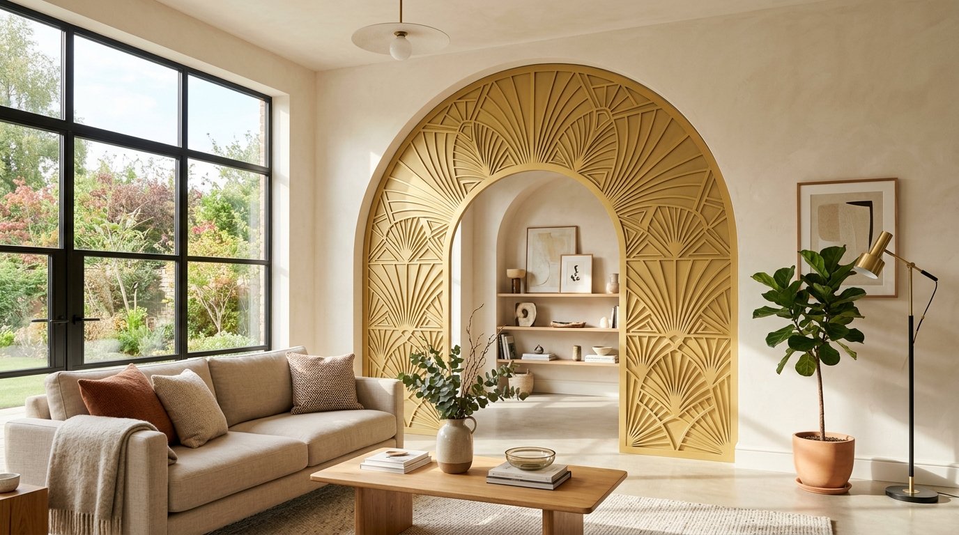 A bright modern living room interior design highlighted by a large, elegant architectural archway.