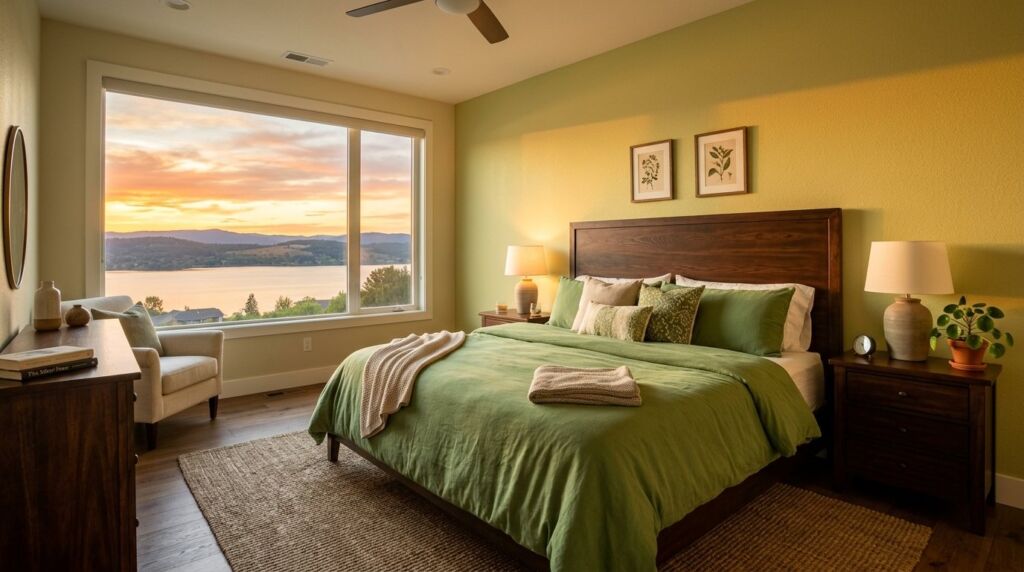 A beautiful master bedroom with modern decor and soft lighting