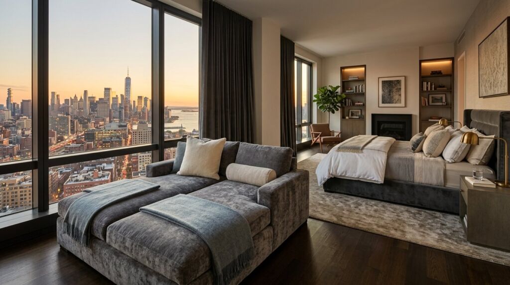 A breathtaking luxury bedroom featuring elegant modern furniture and sophisticated lighting.