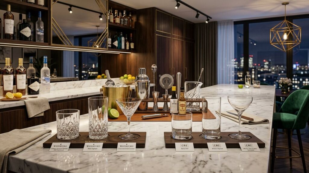 A premium bar tool set arranged with crystal glassware on a polished white marble countertop.